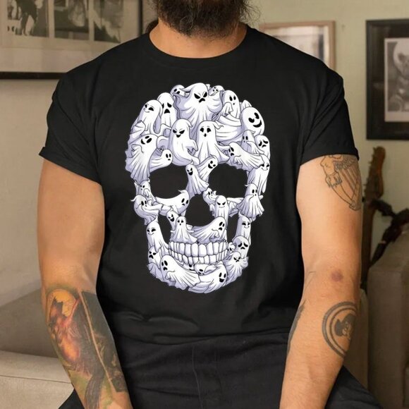 Skull Boo Ghost Funny Boo Ghosts Halloween Unisex T-Shirt - Picture 1 of 3